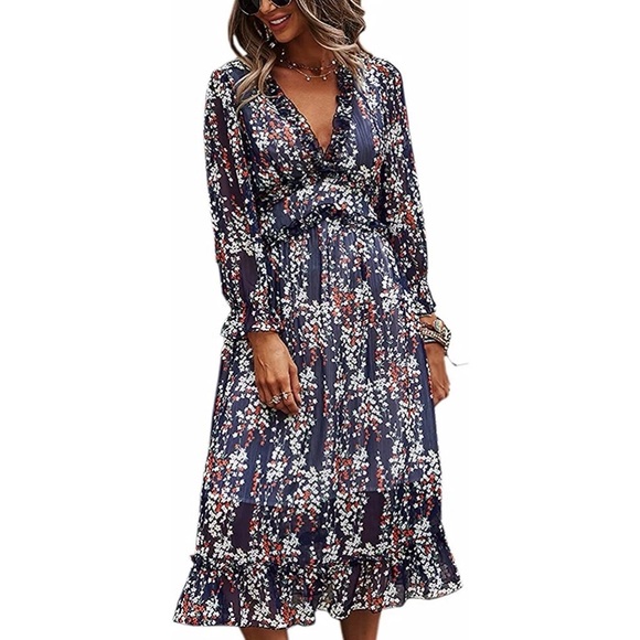 Welity Puff Sleeve V-Neck Ruffle Layer Swing Midi Dress for Women, Navy Blue | S - Picture 7 of 10